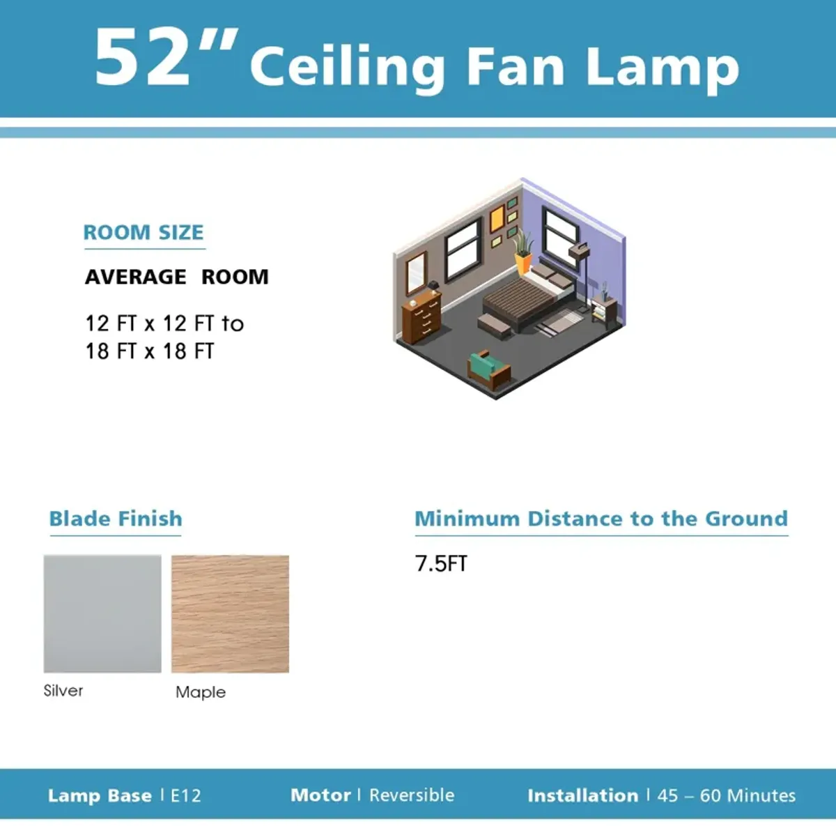 52 Inches Ceiling Fan with Wooden Blades and Remote Control-Silver