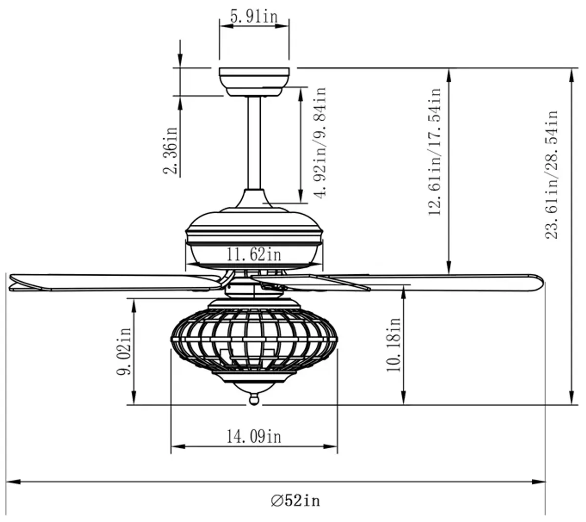 52 Inches Ceiling Fan with Wooden Blades and Remote Control-Silver