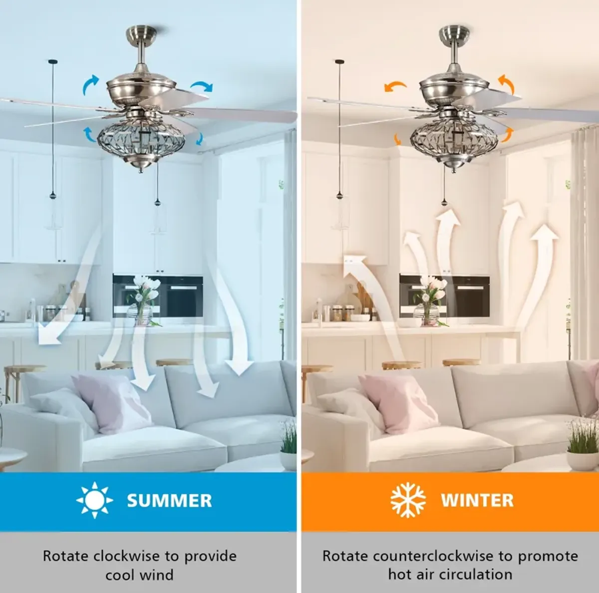 52 Inches Ceiling Fan with Wooden Blades and Remote Control-Silver