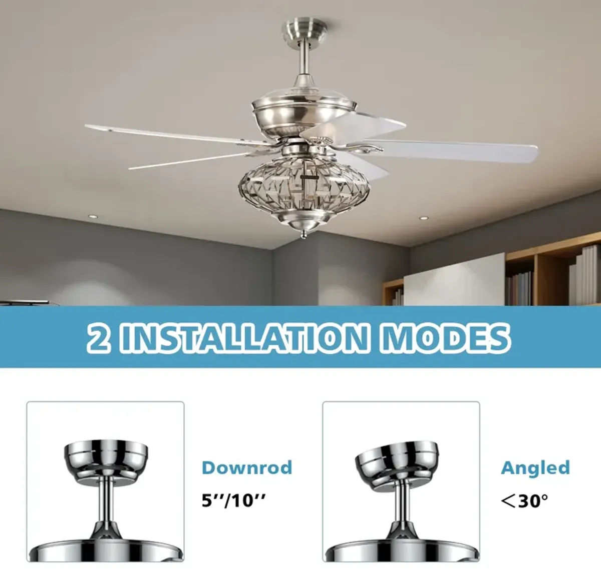 52 Inches Ceiling Fan with Wooden Blades and Remote Control-Silver