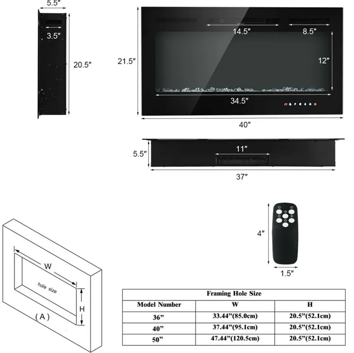 40-Inch Electric Fireplace Recessed with Thermostat