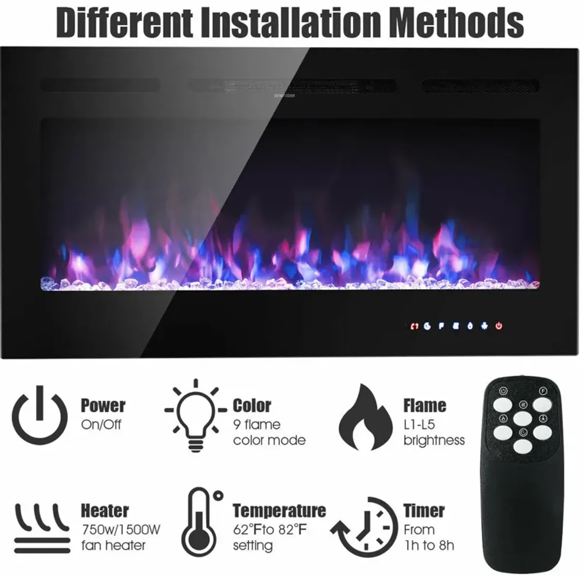 40-Inch Electric Fireplace Recessed with Thermostat