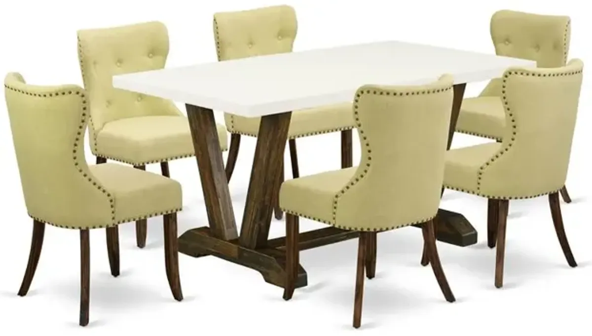 East West Furniture V726SI737-7 7-Piece Kitchen Dining Set- 6 Parson Chairs with Limelight Linen Fabric Seat and Button Tufted Chair Back - Rectangular Table Top & Wooden Legs - Linen White and Distre