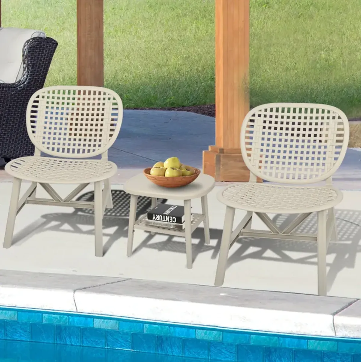 3 Pieces Hollow Design Patio Table Chair Set All Weather Conversation Bistro Set Outdoor Coffee Table with Open Shelf and Lounge Chairs with Widened Seat for Balcony Garden Yard