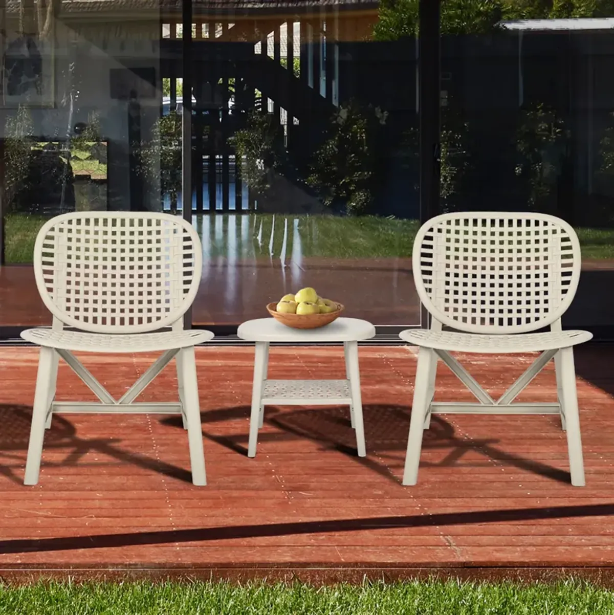 3 Pieces Hollow Design Patio Table Chair Set All Weather Conversation Bistro Set Outdoor Coffee Table with Open Shelf and Lounge Chairs with Widened Seat for Balcony Garden Yard