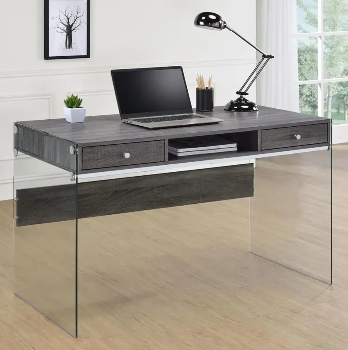 Dobrev 2-drawer Writing Desk Weathered Grey and Clear