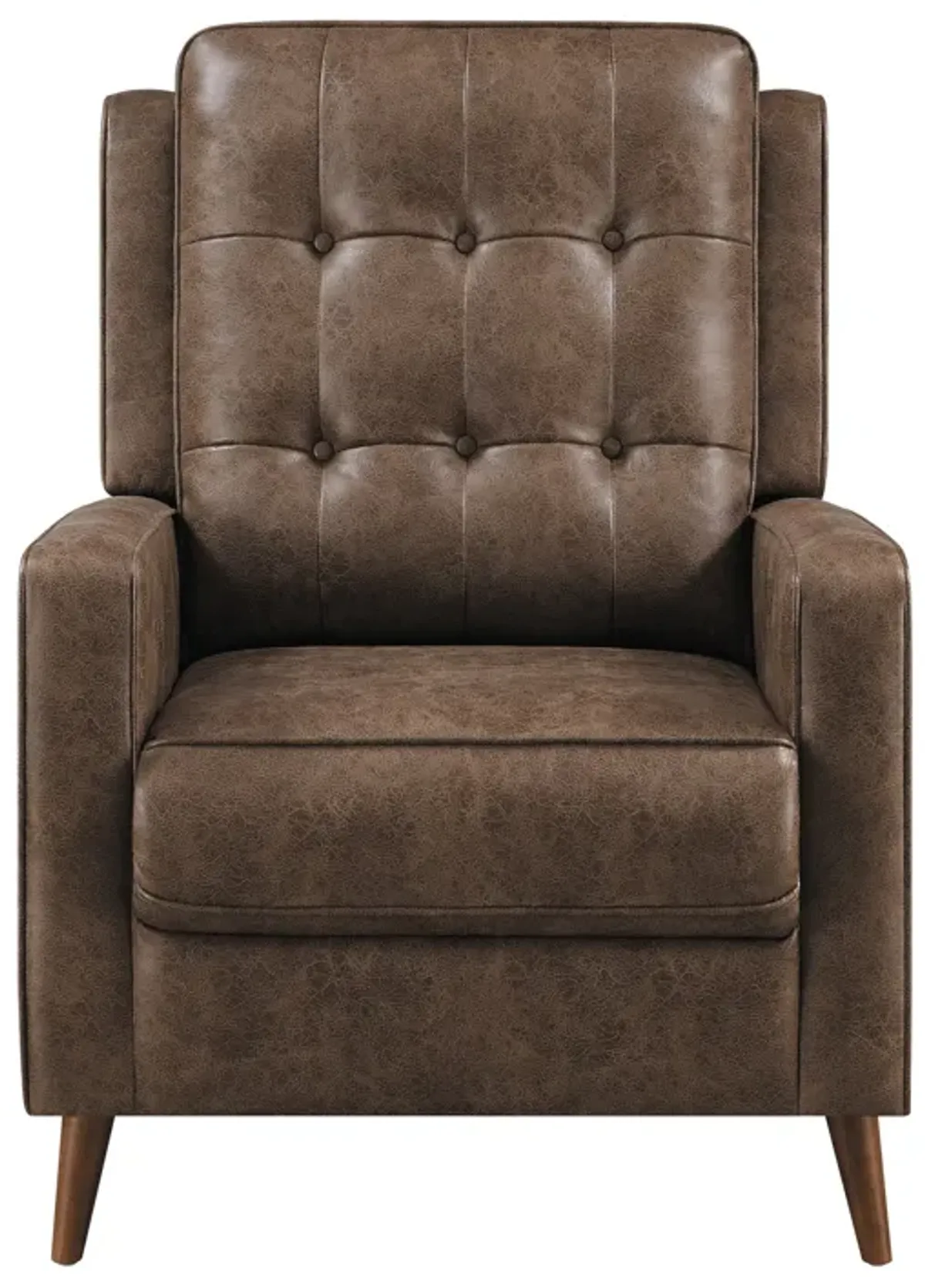 31 Inch Push Back Recliner, Tufted, Tapered Legs, Rich Brown Faux Leather - Benzara