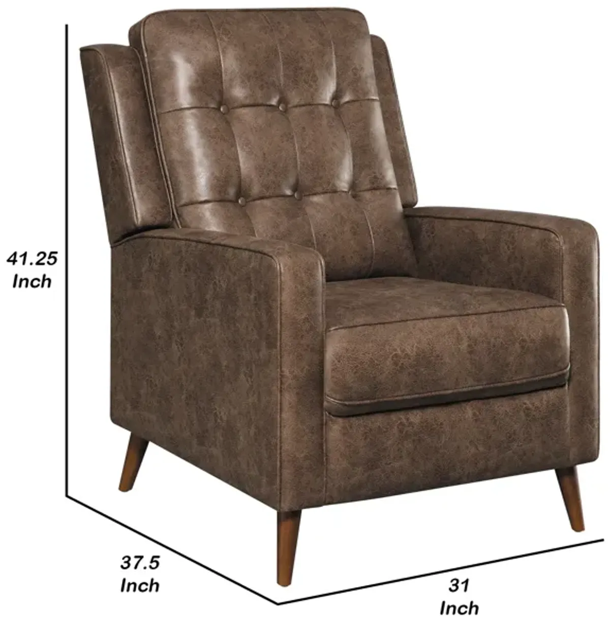 31 Inch Push Back Recliner, Tufted, Tapered Legs, Rich Brown Faux Leather - Benzara