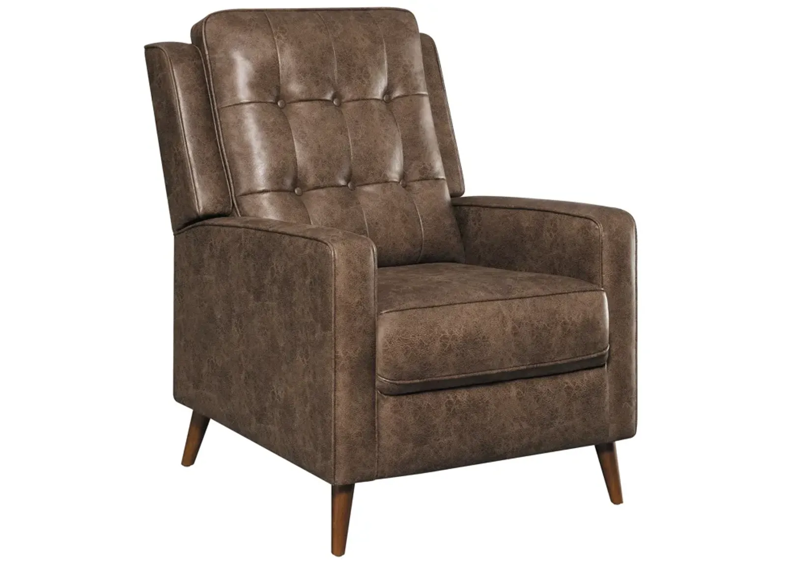 31 Inch Push Back Recliner, Tufted, Tapered Legs, Rich Brown Faux Leather - Benzara