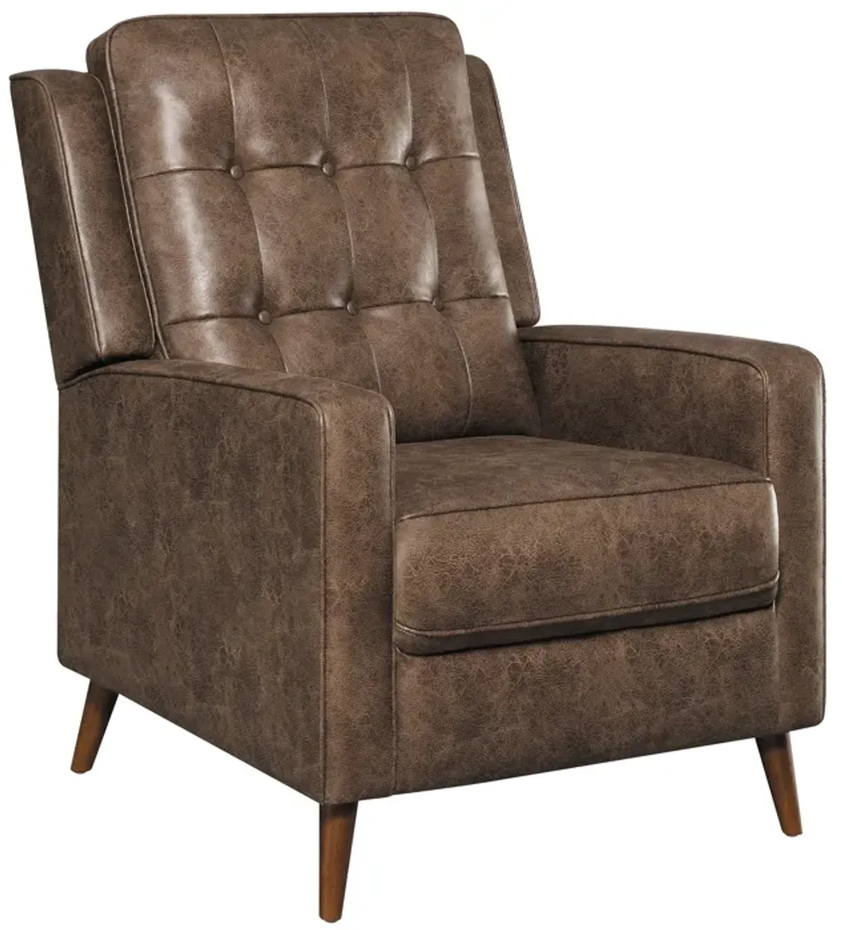 31 Inch Push Back Recliner, Tufted, Tapered Legs, Rich Brown Faux Leather - Benzara