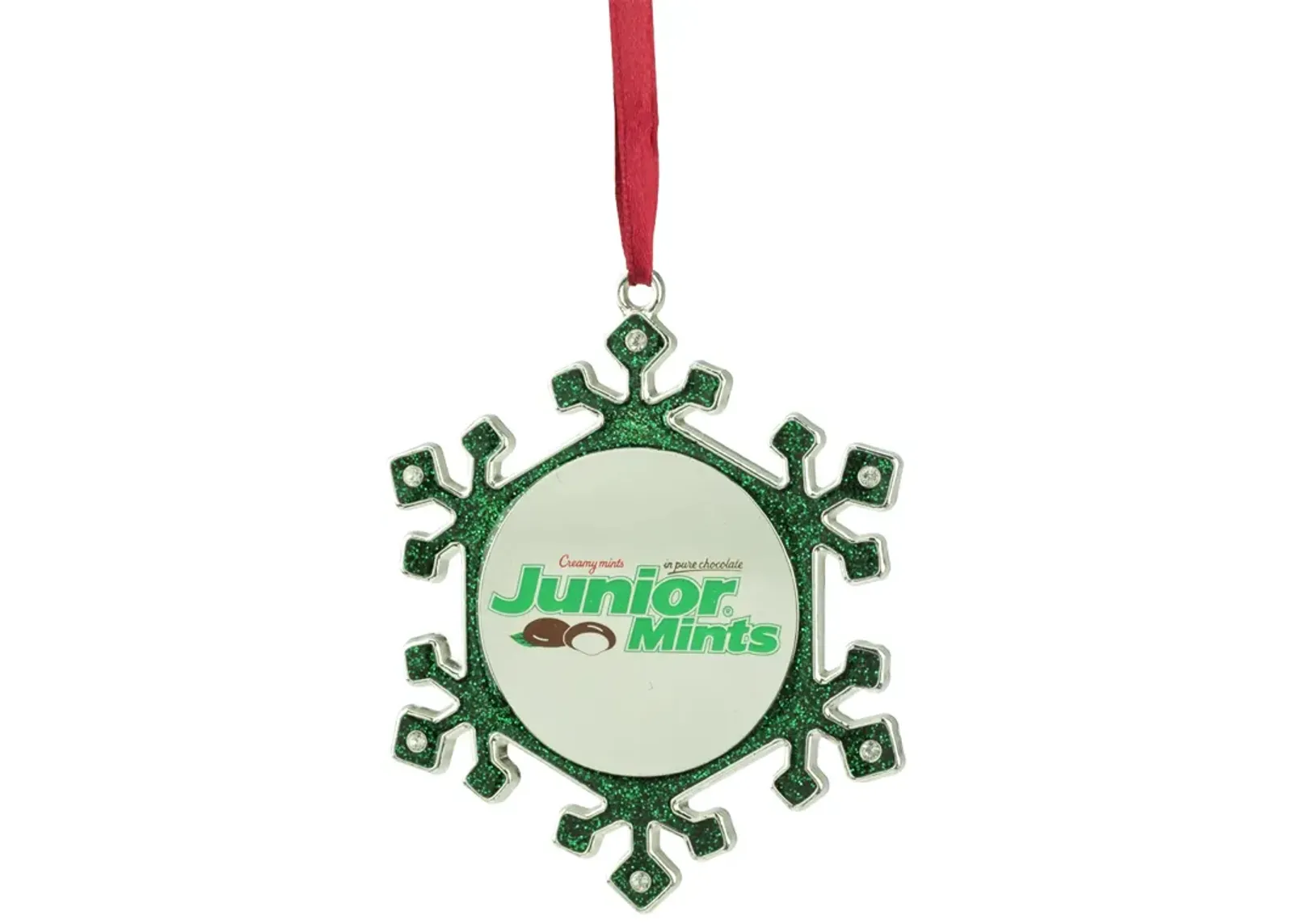 3.25" Green and Silver Snowflake 'Junior Mints' Candy Logo Christmas Ornament