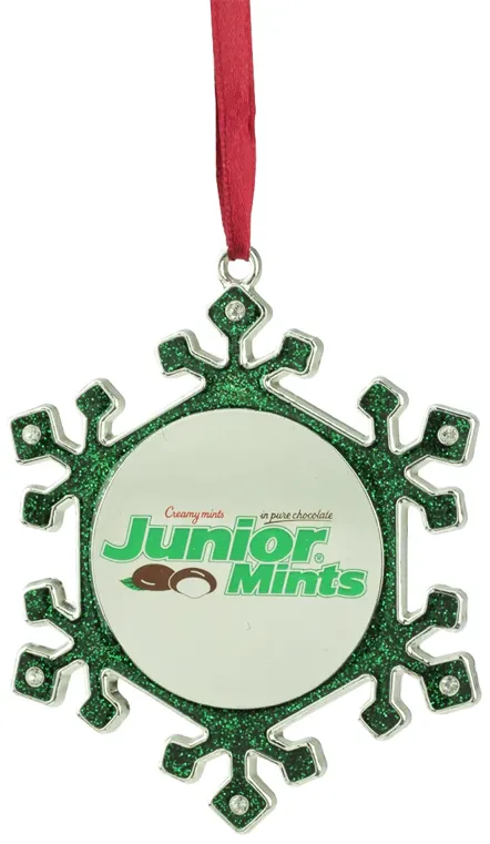 3.25" Green and Silver Snowflake 'Junior Mints' Candy Logo Christmas Ornament