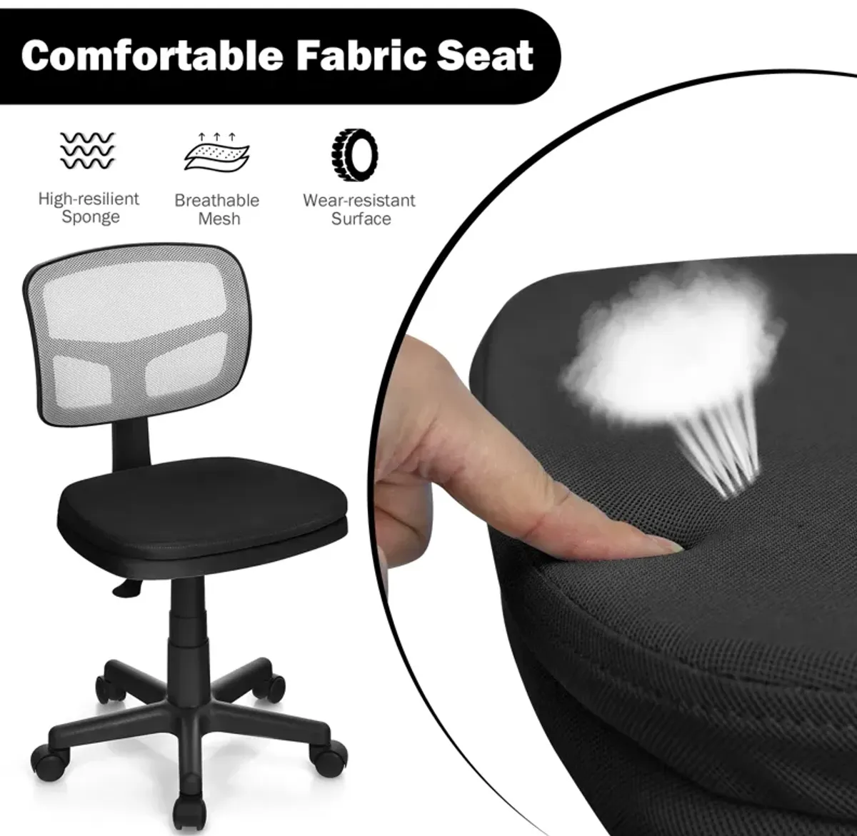 Armless Computer Chair with Height Adjustment and Breathable Mesh for Home Office