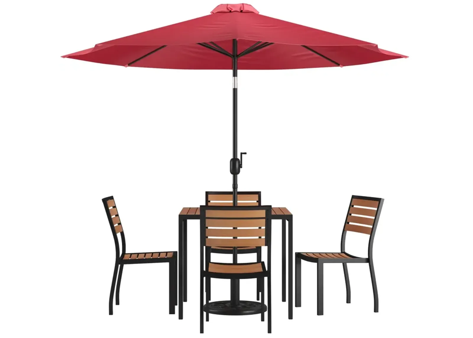 Flash Furniture 7 Piece Patio Table Set - 4 Synthetic Stackable Faux Teak Chairs - 35" Square Faux Teak Table - Tan Umbrella with Base