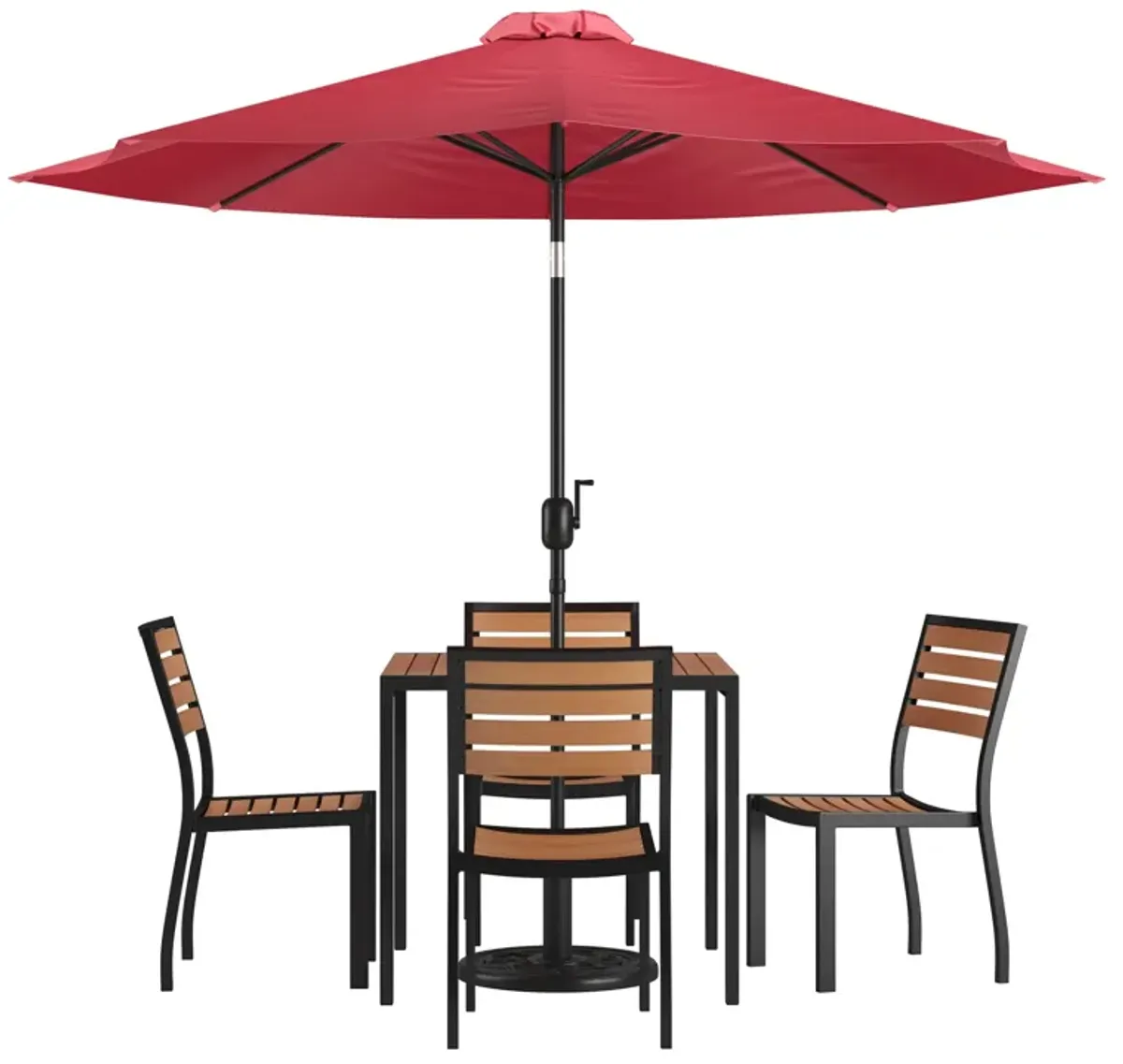 Flash Furniture 7 Piece Patio Table Set - 4 Synthetic Stackable Faux Teak Chairs - 35" Square Faux Teak Table - Tan Umbrella with Base