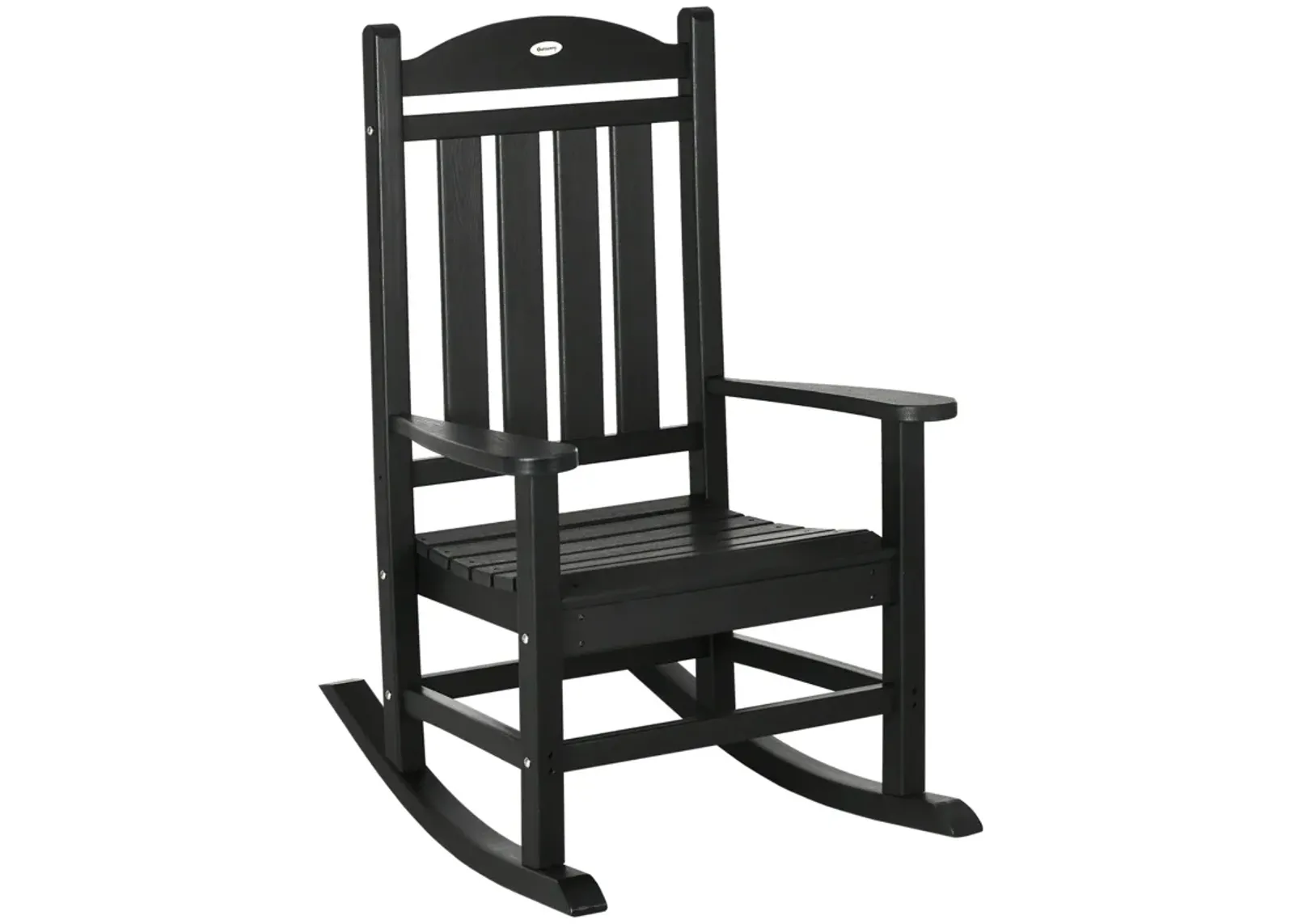 Black Outdoor Rocker: Wooden Chair with Rustic High Back & Armrests