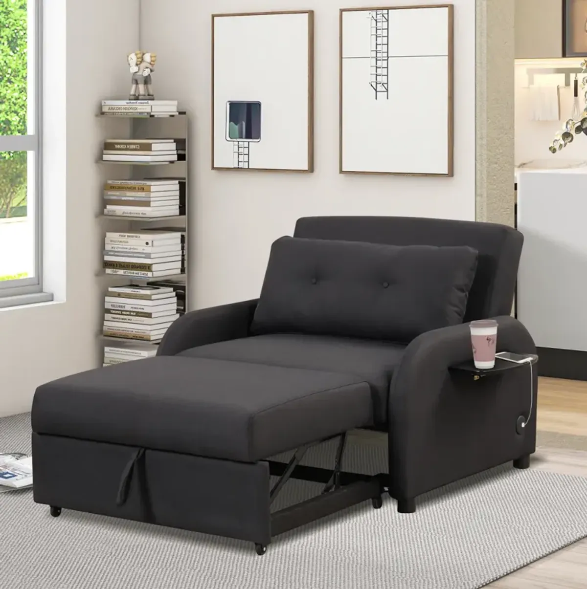 Pull Out Sofa Sleeper with USB Charge and 2 Wing Table