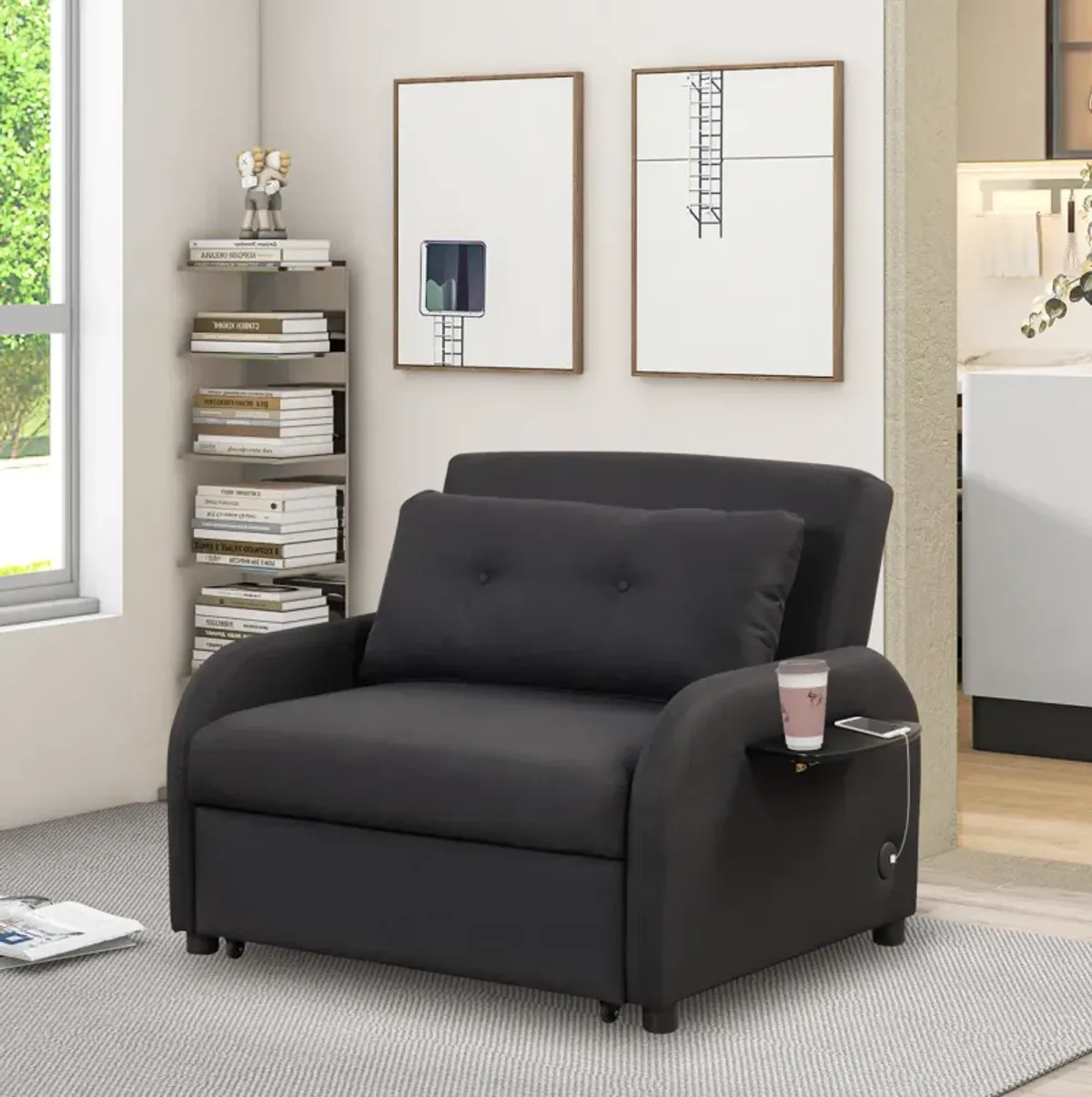 Pull Out Sofa Sleeper with USB Charge and 2 Wing Table