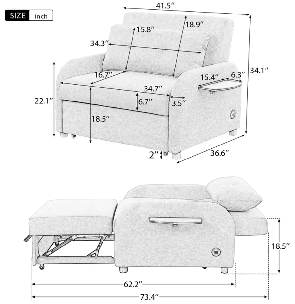 Pull Out Sofa Sleeper with USB Charge and 2 Wing Table