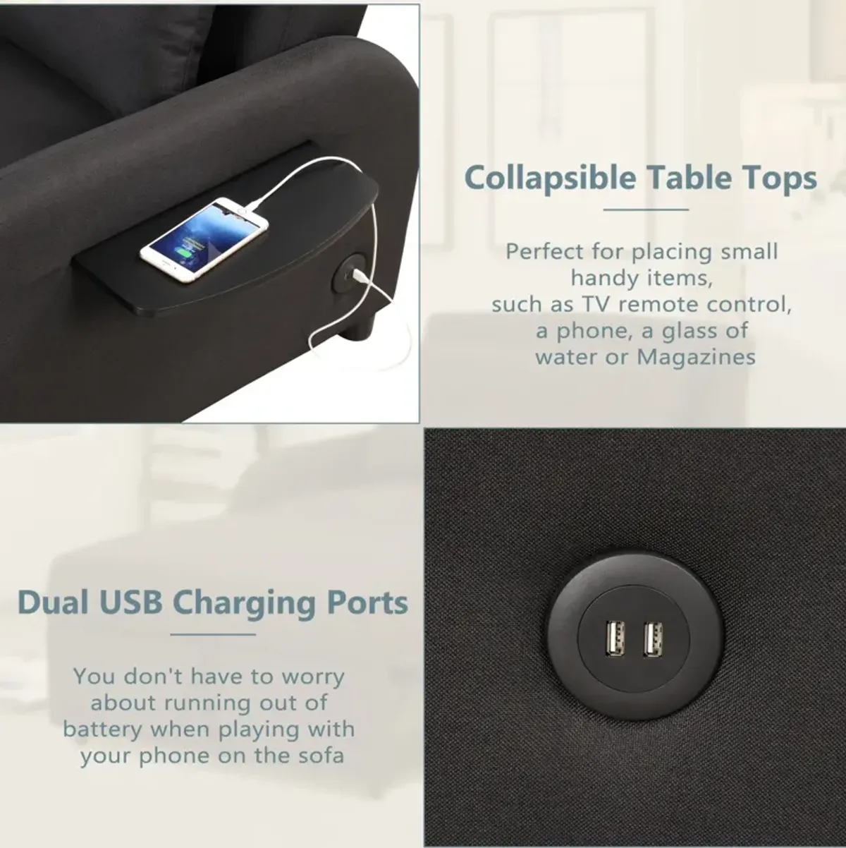 Pull Out Sofa Sleeper with USB Charge and 2 Wing Table