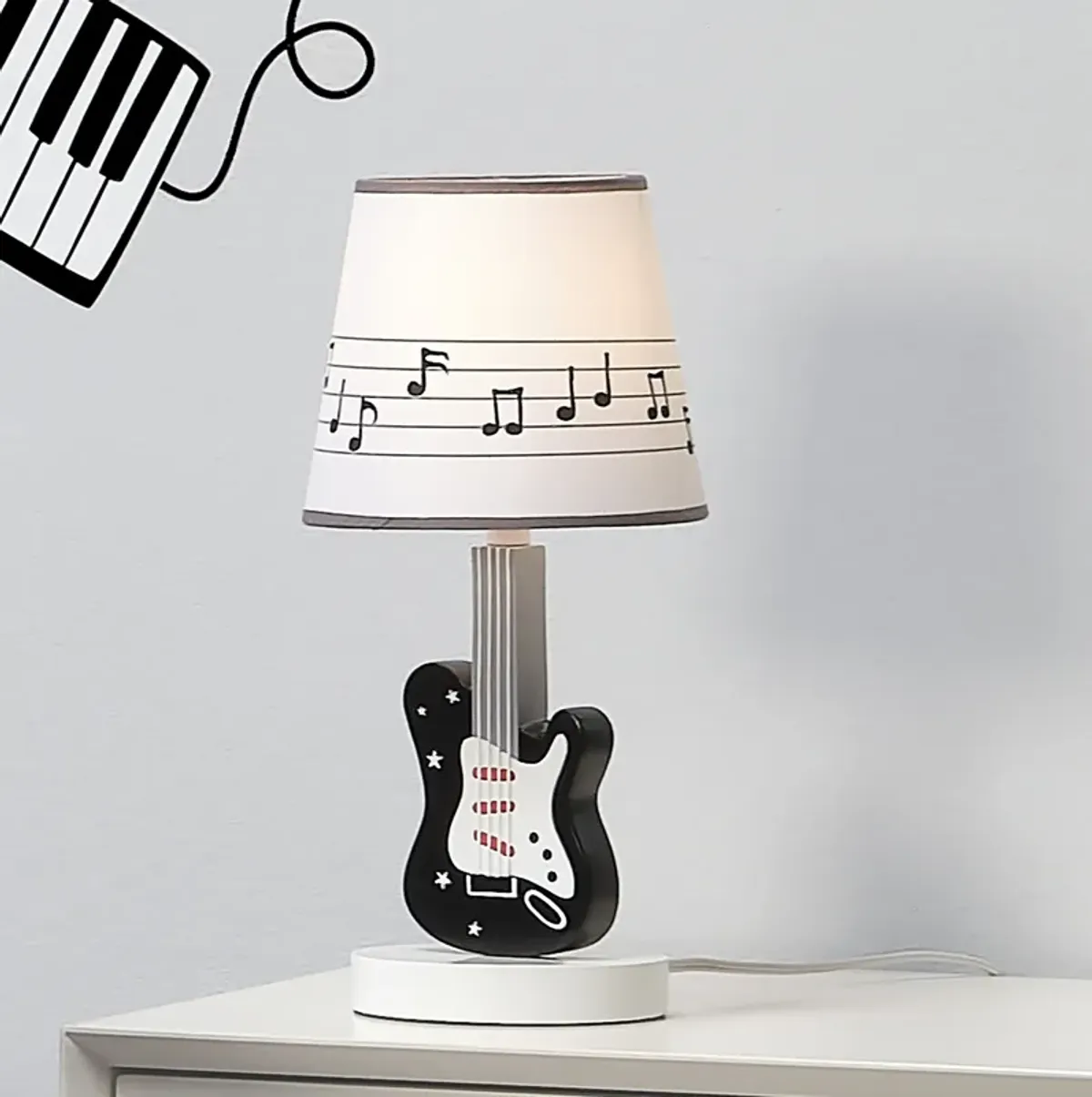 Lambs & Ivy Rock Star Guitar Lamp with White Musical Notes Shade & Bulb