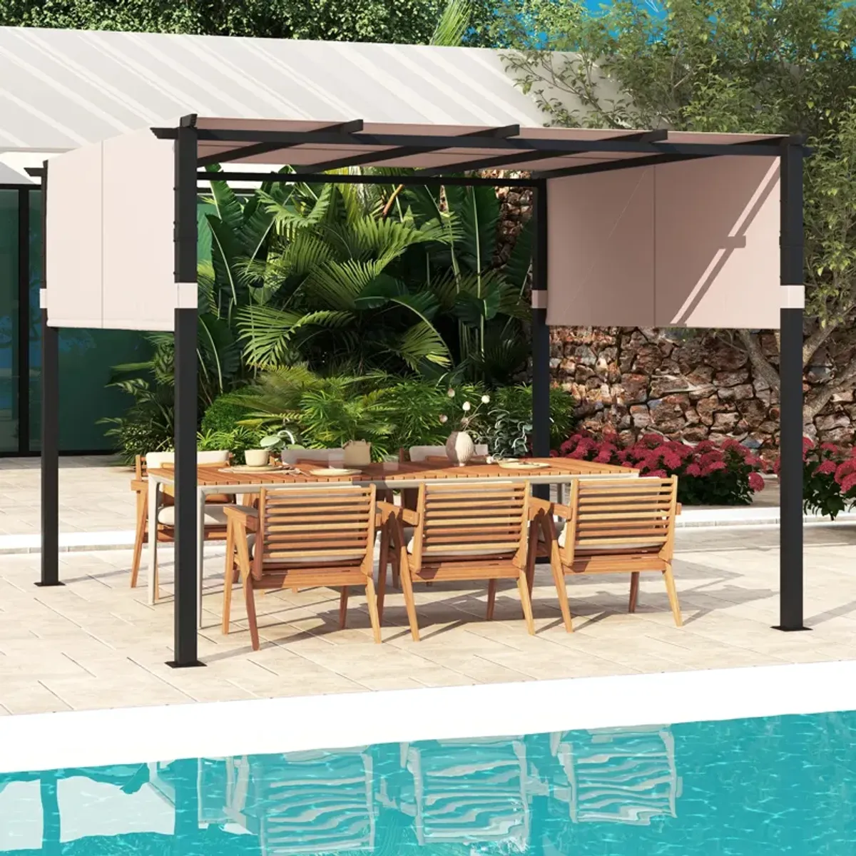 Top Pergola with Retractable Canopy for Garden Pool Porch and Backyard