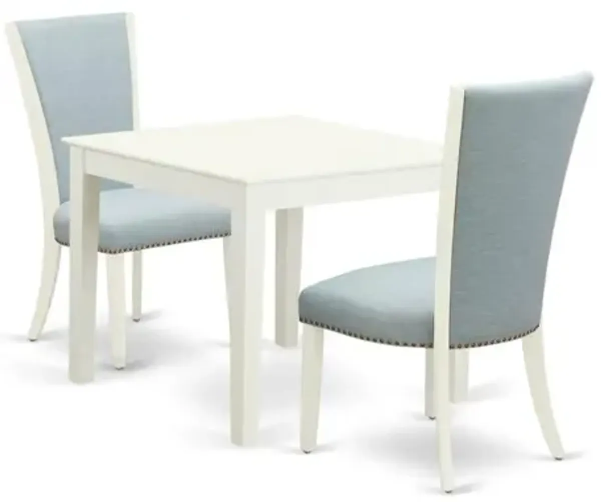 East-West Furniture OXVE3-LWH-15 - A modern dining table set of 2 excellent indoor dining chairs with Linen Fabric Baby Blue color and a gorgeous Square wooden table with Linen White color