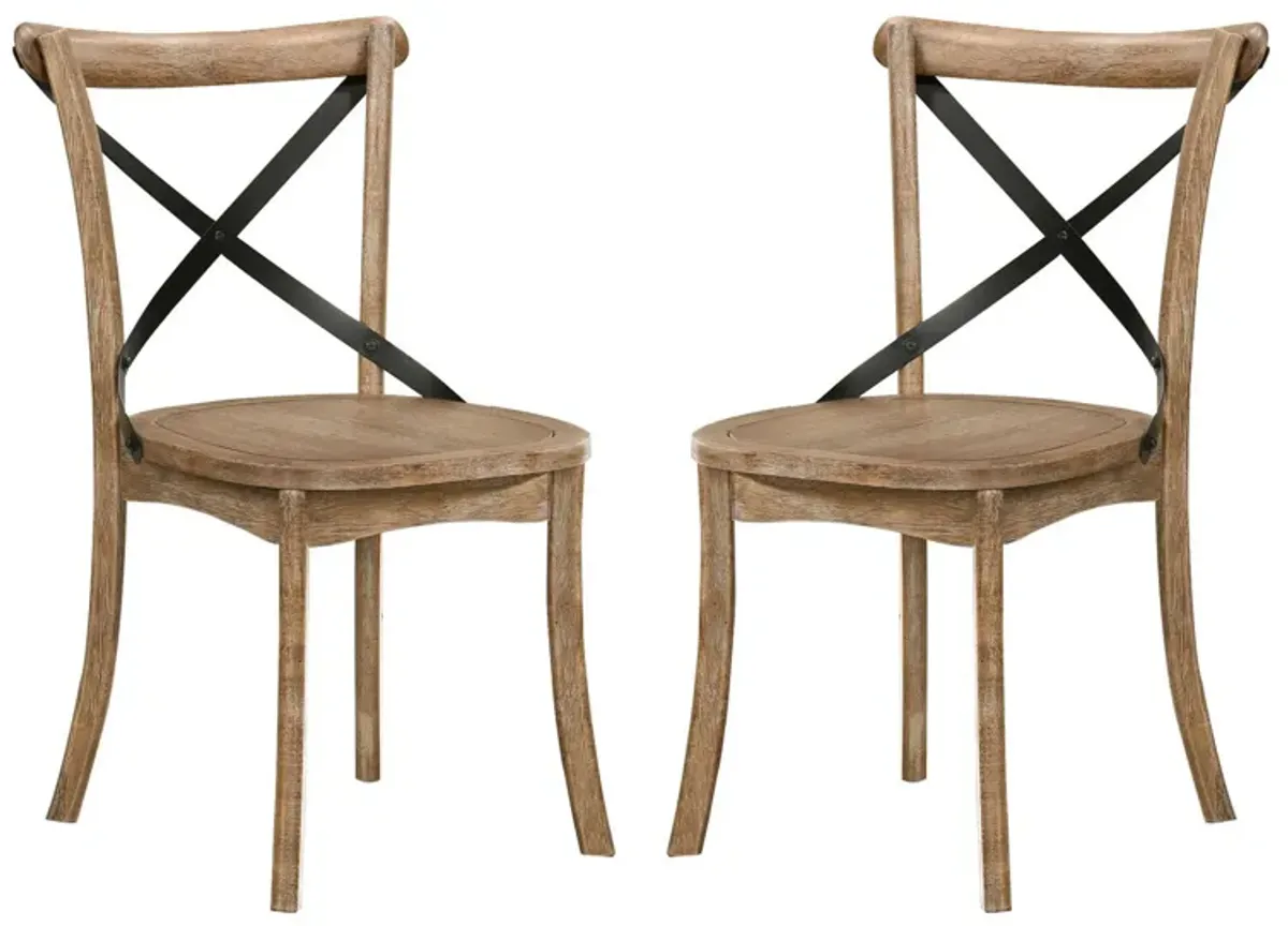 Wood and Metal Side Chair with X Open Back, Set of 2, Rustic Brown and Black-Benzara