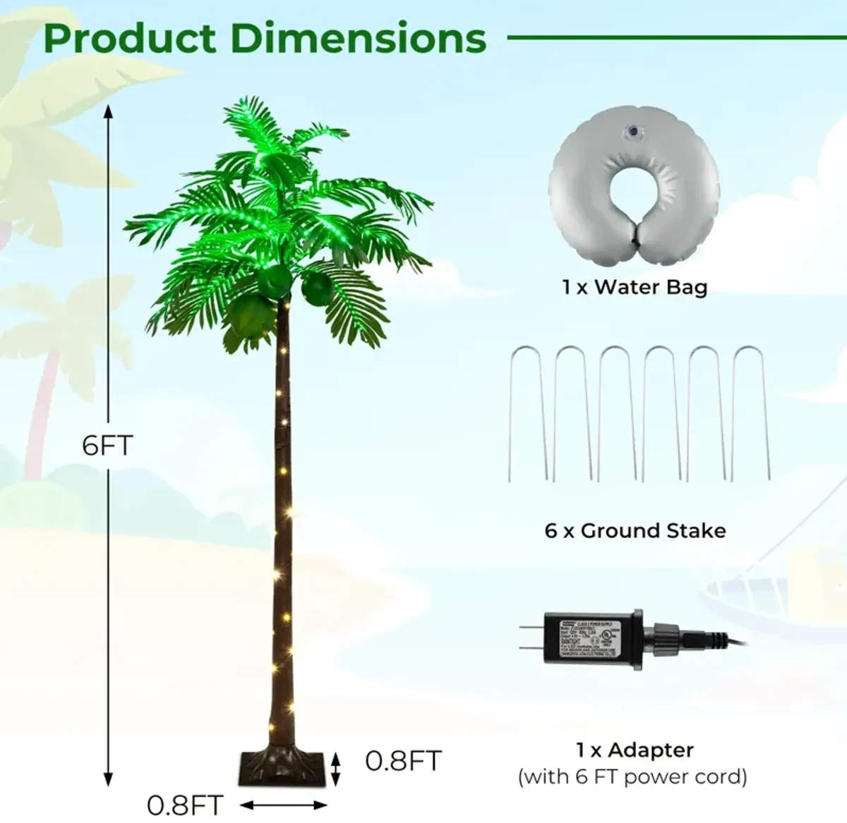 6 FT LED Lighted Artificial Palm Tree Hawaiian Style Tropical with Water Bag