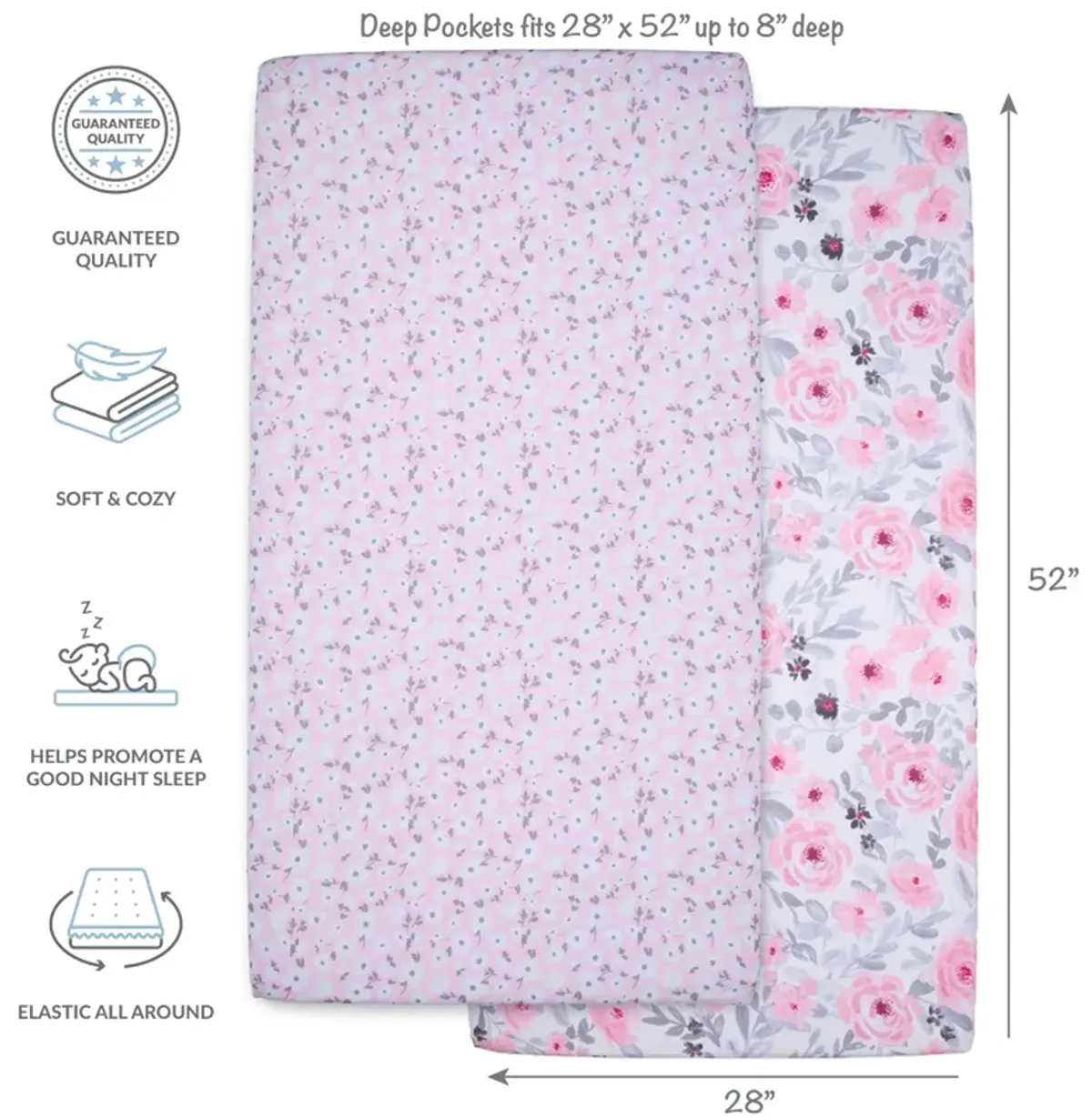 Bedtime Originals Floral Pink/Gray 2-Pack Fitted Crib/Toddler Sheet Set- Flower