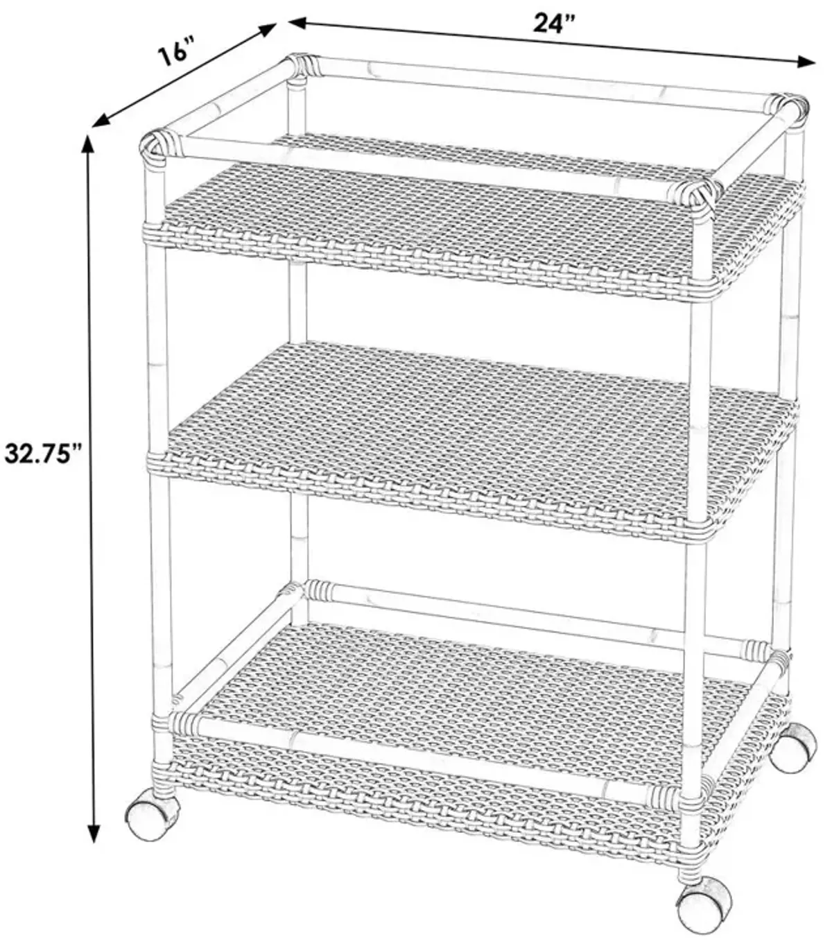 Butler Specialty Tobias Outdoor Rattan and Metal 3- Tier Rattan Bar Cart, Beige and White