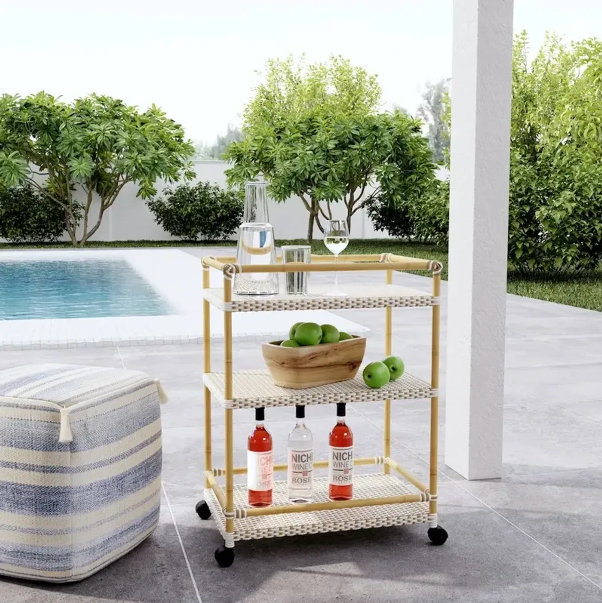 Butler Specialty Tobias Outdoor Rattan and Metal 3- Tier Rattan Bar Cart, Beige and White