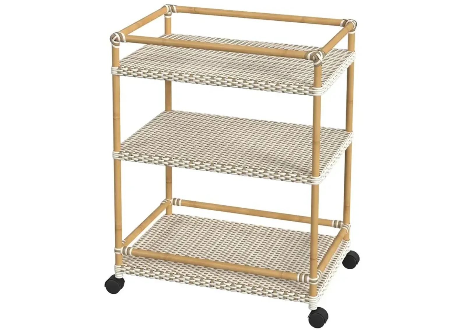 Butler Specialty Tobias Outdoor Rattan and Metal 3- Tier Rattan Bar Cart, Beige and White