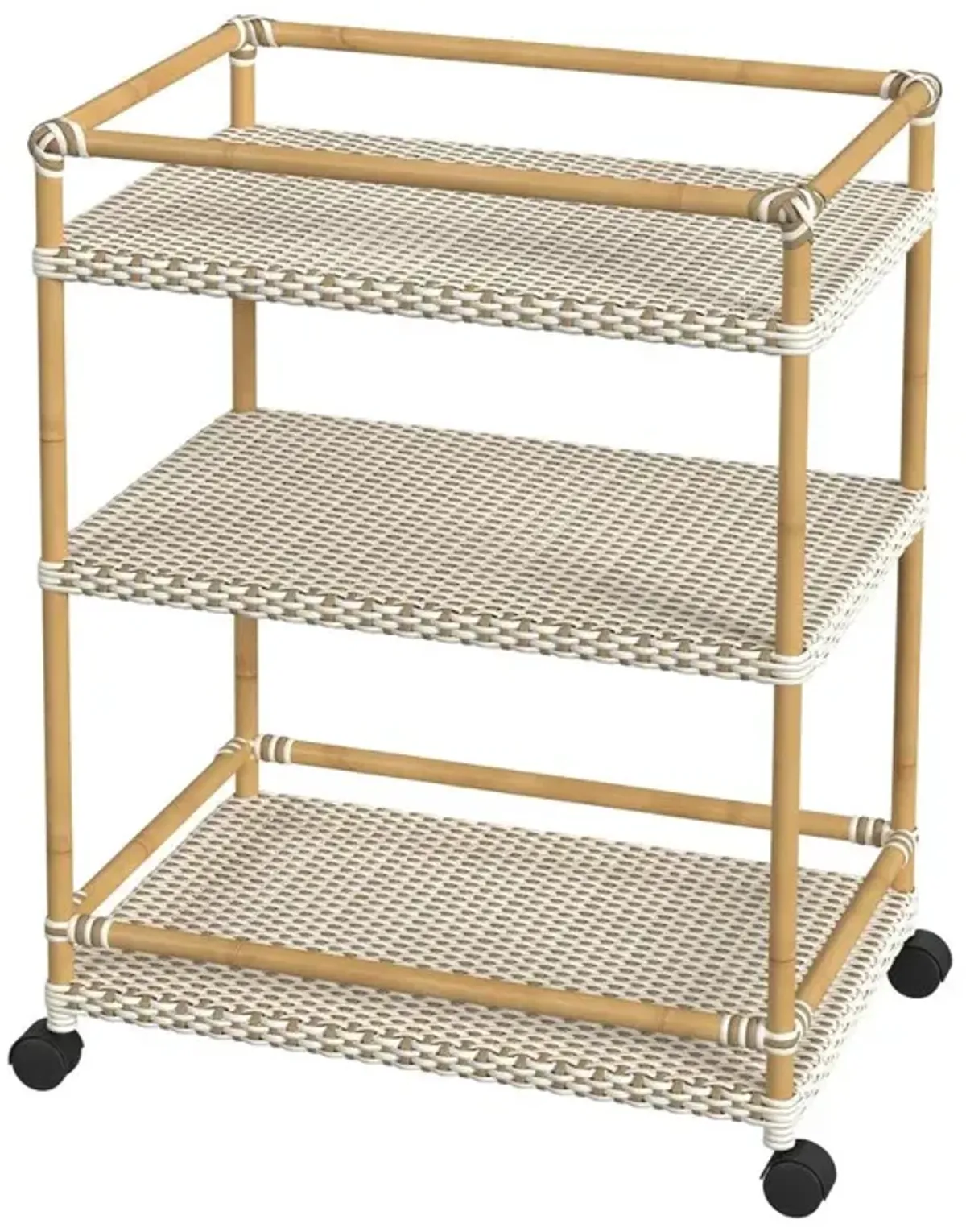 Butler Specialty Tobias Outdoor Rattan and Metal 3- Tier Rattan Bar Cart, Beige and White