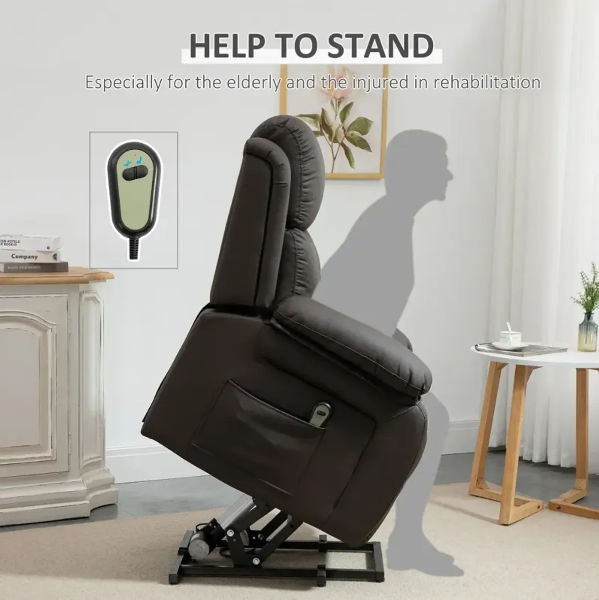 Brown Senior Relaxation: PU Leather Power Lift Chair with Remote