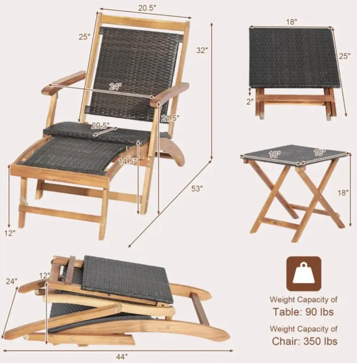 Hivvago 2 Pieces Patio Rattan Folding Lounge Chair with Acacia Wood Table