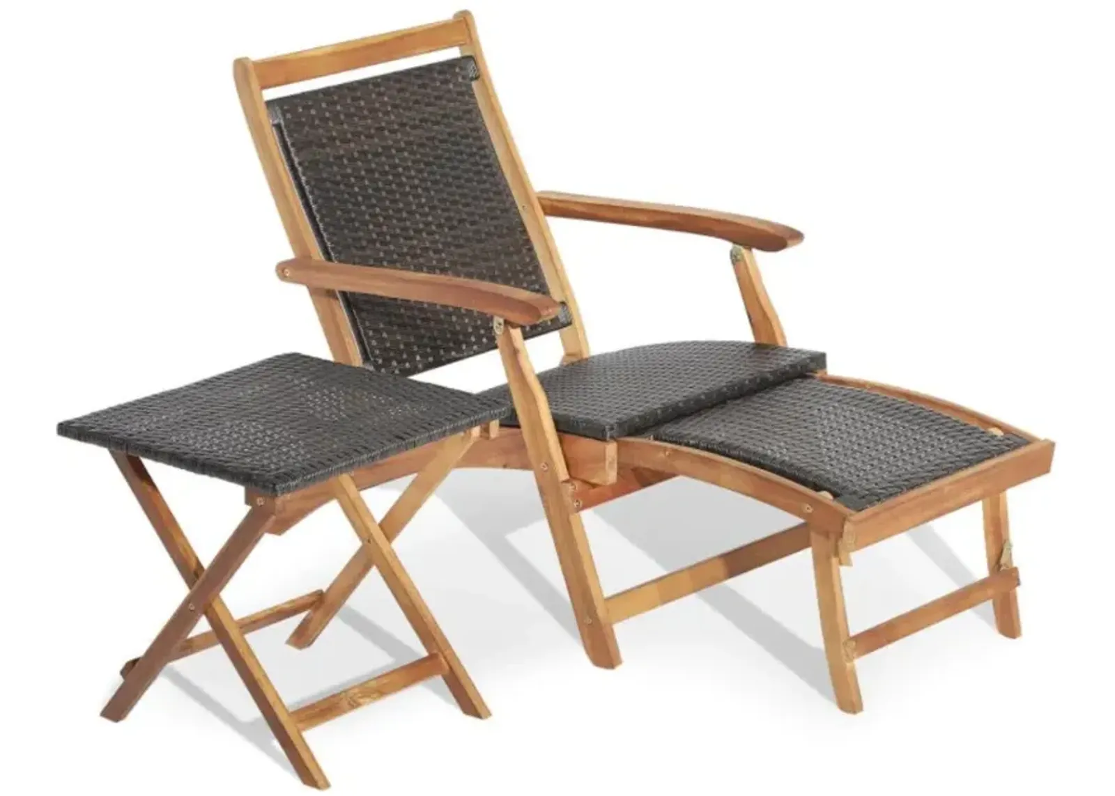 Hivvago 2 Pieces Patio Rattan Folding Lounge Chair with Acacia Wood Table