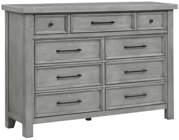 Daisy 62 Inch Dresser, Gray Mango Veneer, 9 Drawers, Bronze Metal - Benzara