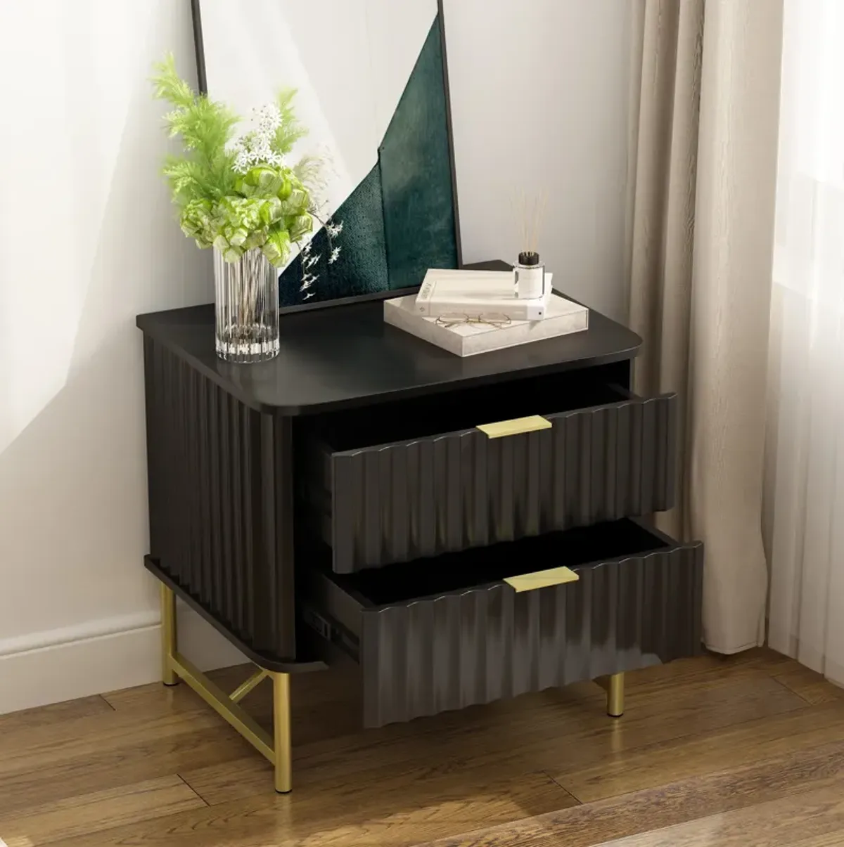 2-Drawer Nightstand with Metal Base