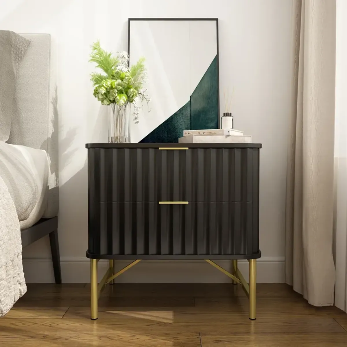 2-Drawer Nightstand with Metal Base