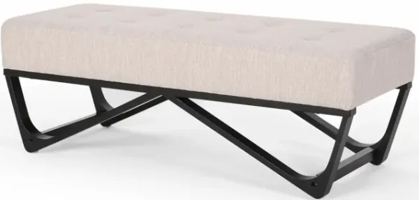 Liba Ottoman Bench, Button Tufted Beige Fabric, Black Frame, 47 Inch - Benzara