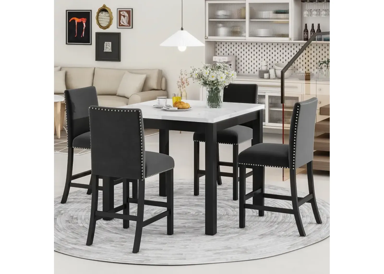 5 Piece Velvet Chair Dining Set with Faux Marble Table, Black