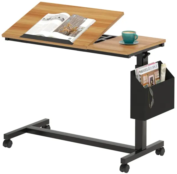 Tribesigns C-Shaped End Tables, Small Adjustable Height Rolling Side Table with Wheels and Storage Bag, Portable Mobile Laptop Desks for Home Office, Living Room, Bedroom, Walnut