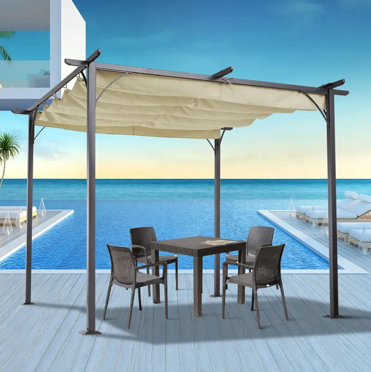 Beige Shade Solution: 10x10 Retractable Pergola Gazebo with UV Resistant Canopy