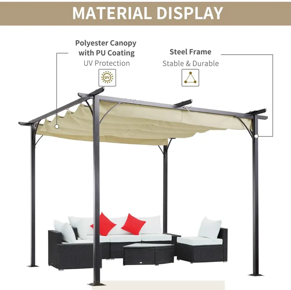 Beige Shade Solution: 10x10 Retractable Pergola Gazebo with UV Resistant Canopy