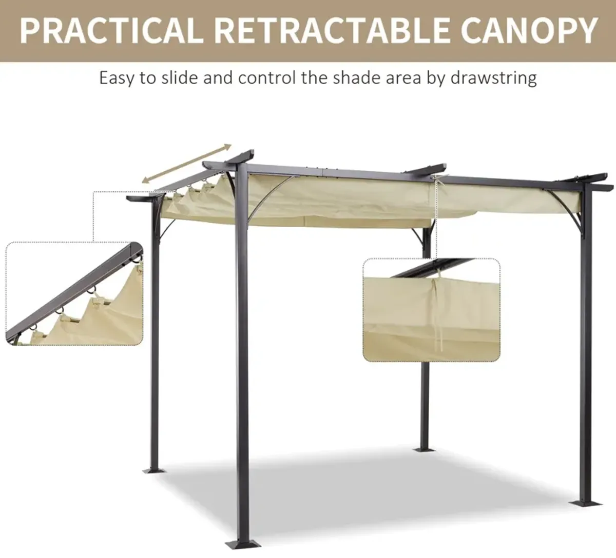 Beige Shade Solution: 10x10 Retractable Pergola Gazebo with UV Resistant Canopy