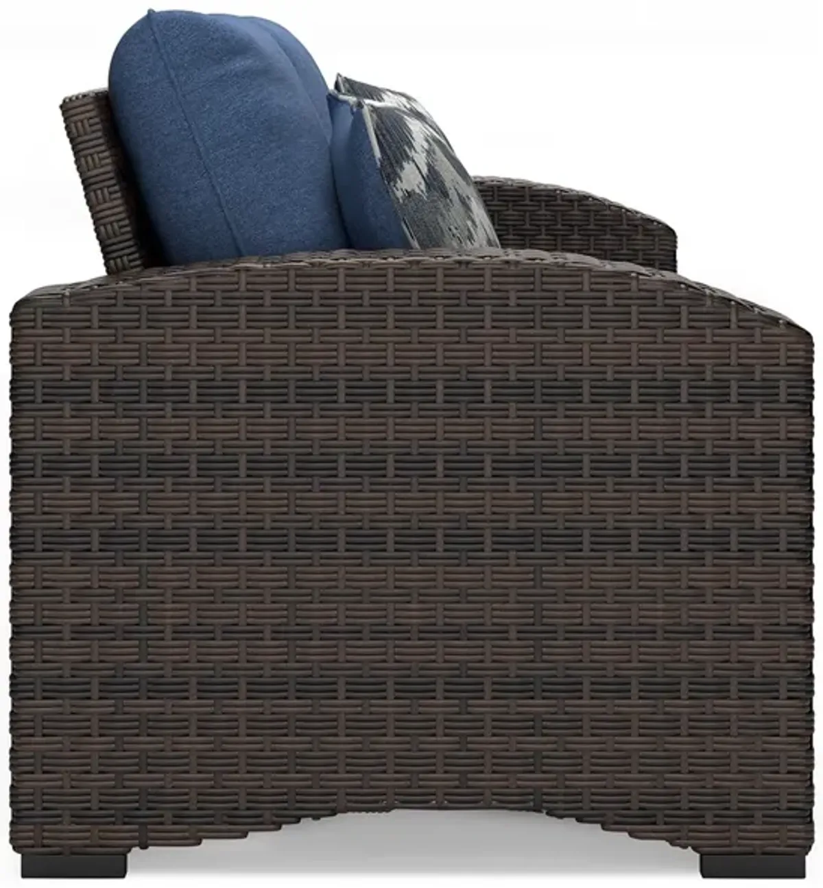 Zivi 57 Inch Outdoor Loveseat, Cushioned Seat, Resin Wicker, Blue, Brown - Benzara