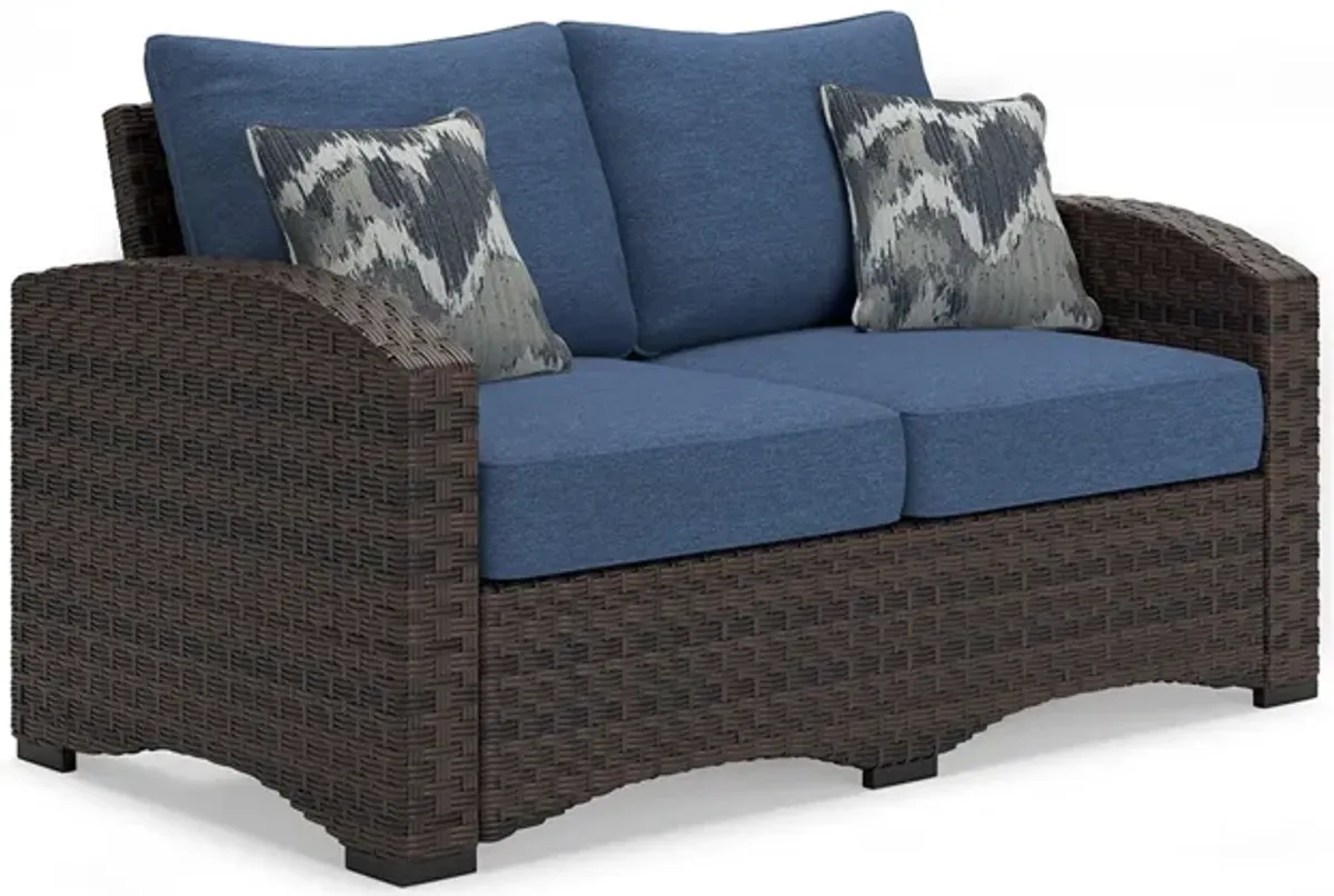 Zivi 57 Inch Outdoor Loveseat, Cushioned Seat, Resin Wicker, Blue, Brown - Benzara