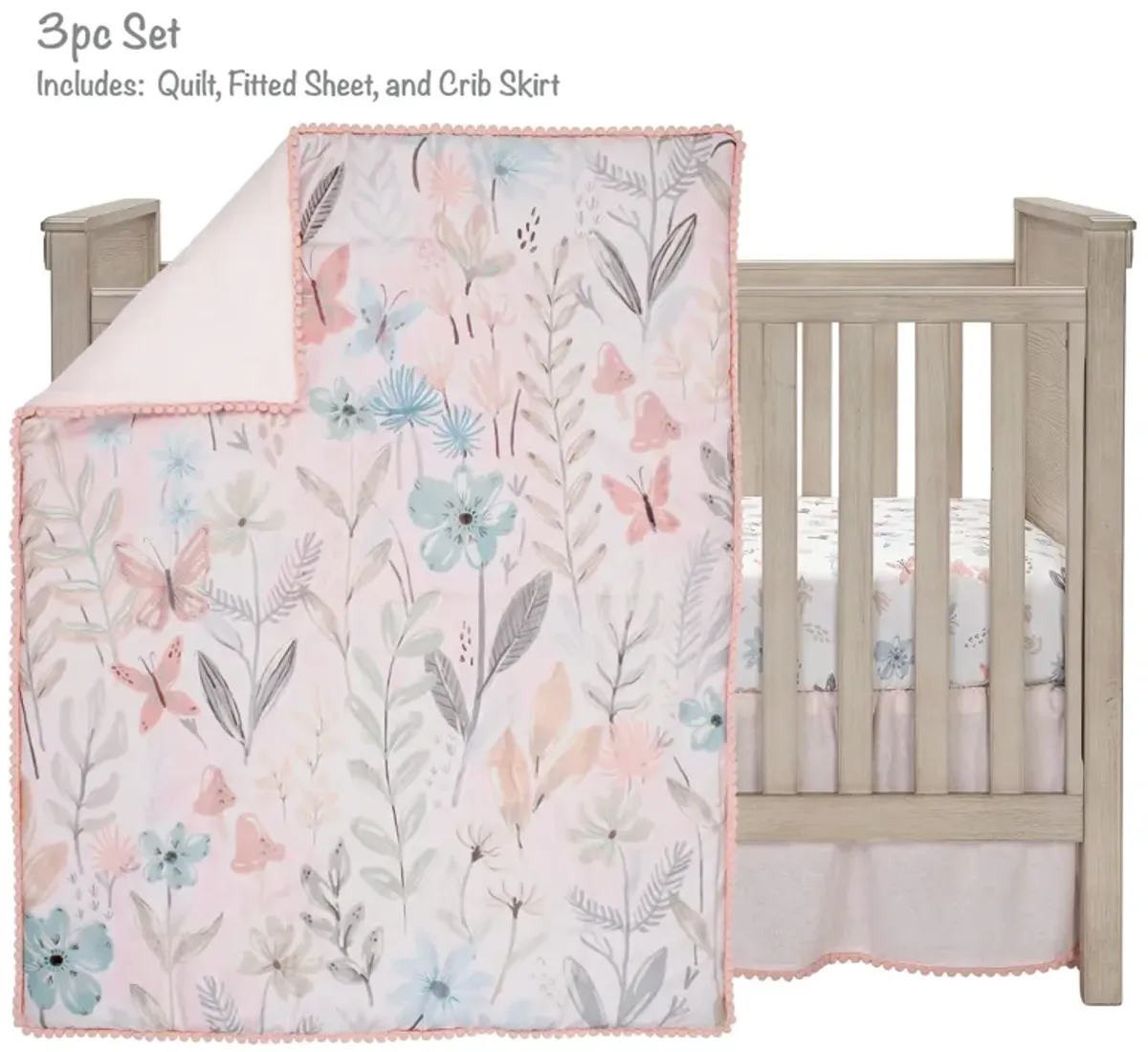 Lambs & Ivy Baby Blooms 3-Piece Pink Floral/Butterfly Baby Crib Bedding Set