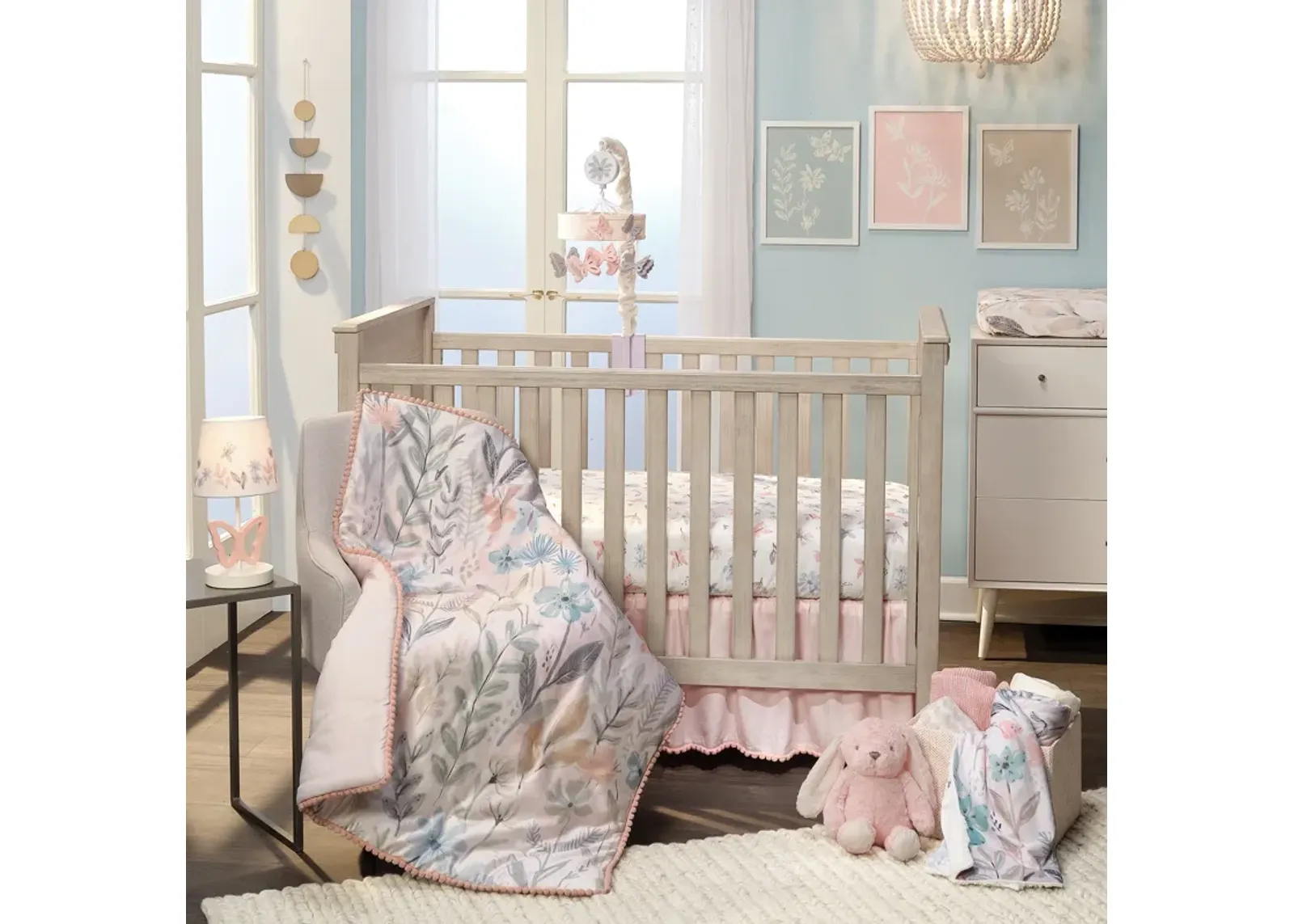 Lambs & Ivy Baby Blooms 3-Piece Pink Floral/Butterfly Baby Crib Bedding Set